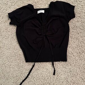 Black Ruched Tie Front Cap Sleeve Crop Top Size Small